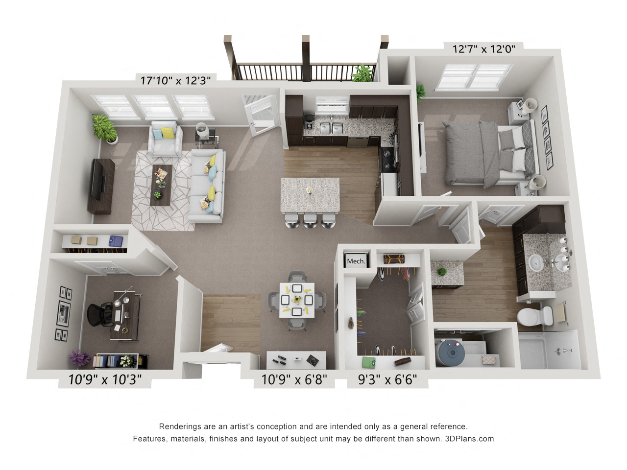 Floor plan for 1 bed, 1 bath, 968 sqft